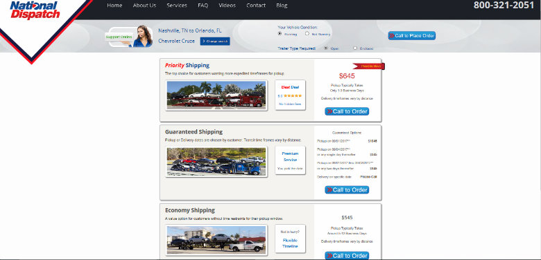 National Dispatch Instant Car Shipping Quote Page 